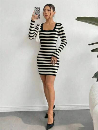 DUKEZA vestido de rayas blanco con negro casual