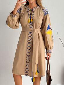 Women's Bohemian Style Embroidered Long Sleeve Belted Midi A-Line Dress, Black - Beige - View 5