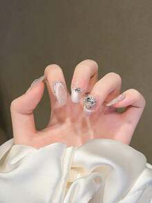 10Pcs Handmade Pointed Almond Shaped Gray Cat Eye 3D Crystal False Nails With Shiny Effect, Suitable,Daily Wear And Parties - Multicolor - View 5