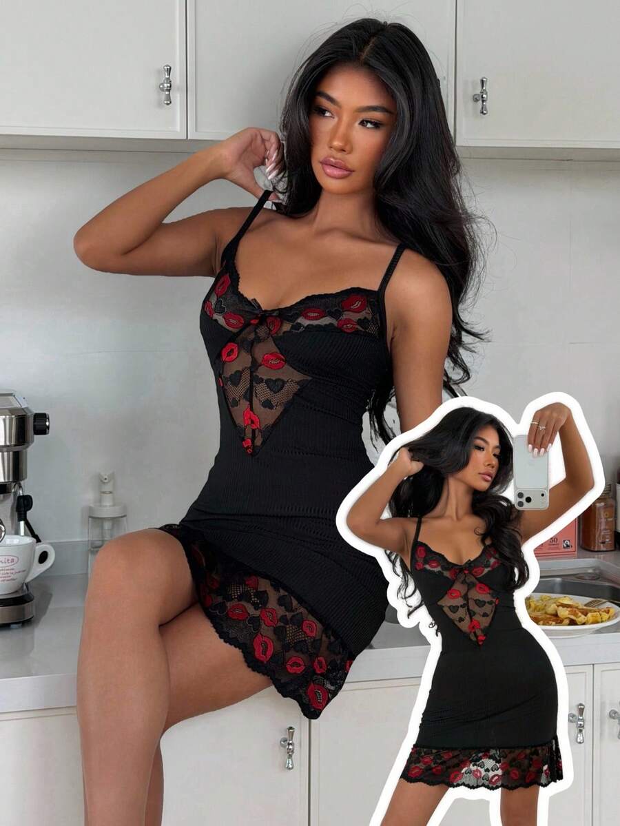 ZzzCrew 女士性感红唇蕾丝拼接紧身吊带睡裙 - 黑色 - 查看 1