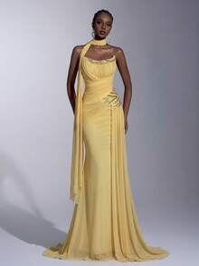 Elitara Elegant Minimalist High-Stretch Mesh Strapless Asymmetric Ruched Luxurious 3D Rhinestone Mermaid Draped Flounce(Detachable Halter)Formal Evening Gown - Light Yellow - View 5