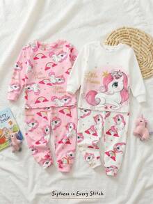 Cozy Pixies 4pcs Baby Girl Snug Fit Pajama Set - Heart Pattern Knit Soft Crew Neck Long Sleeve Top & Elastic Waist Long Pants - Pink - View 2