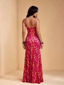 JIAN LASALA All-Over Print Knit Jersey Spaghetti Straps Low-V Neck Women Sleeveless Maxi Dress Summer - Red - View 2