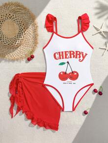 Cherry Printed Tween Girl Ruffled One-Piece Swimsuit With Coverup And Skirt - Red and White - View 3