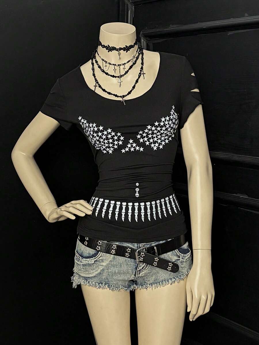 SHEIN Unity Star Print Hollow Out Short Sleeve T-Shirt, Casual Summer - Black - View 1