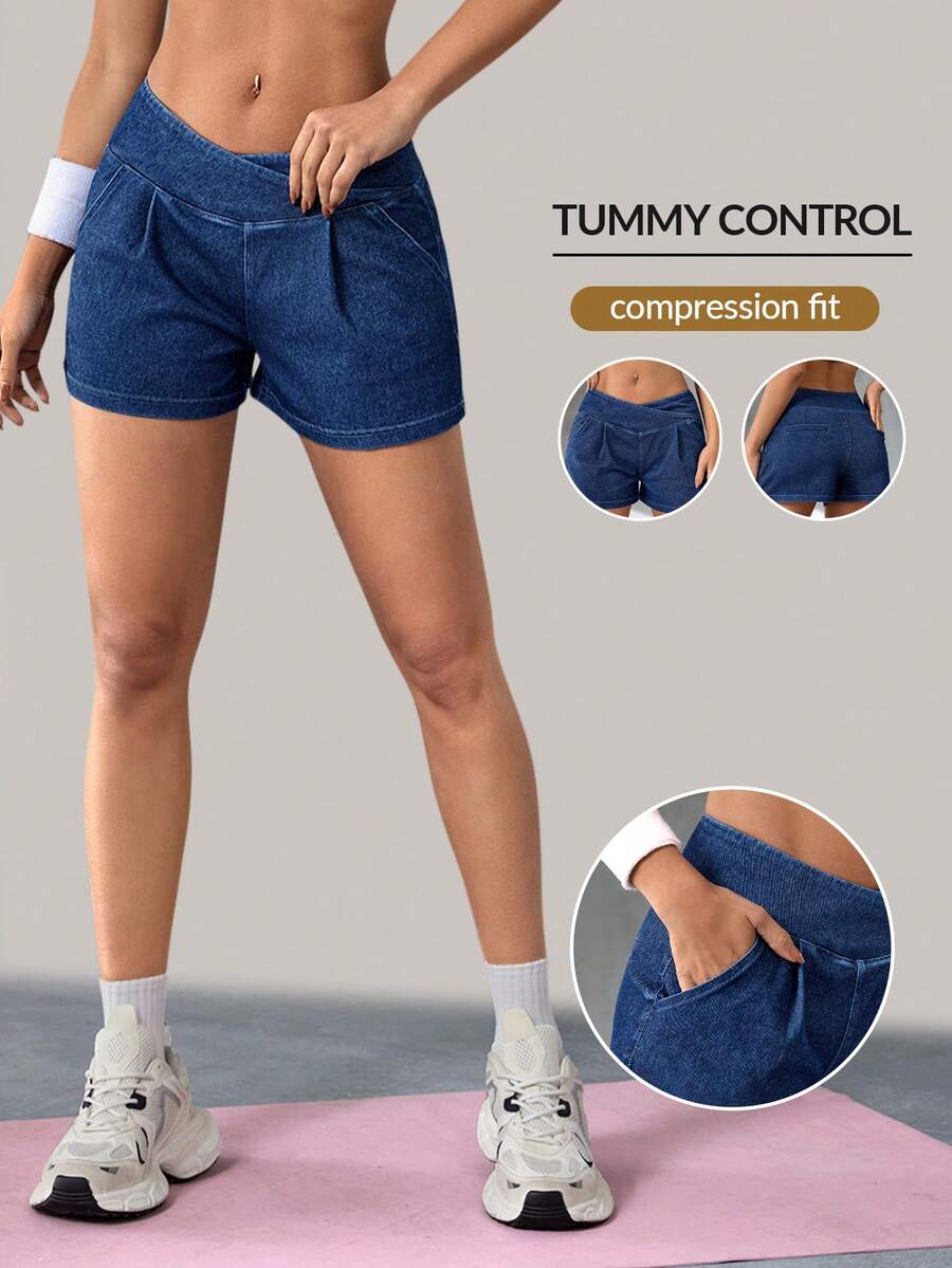 Flexra 女士不对称腰部褶皱休闲宽松牛仔短裤 - 深色水洗藍 - 查看 1