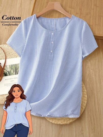 Rusticease Plus Size Women's Summer Casual Vacation Country Round Neck Short Sleeve Blue And White Striped Blouse, Spring Break,Vacation,Holiday,Going Out,2026 New,Simple And Fashionable For Everyday Wear,Casual Vacation Boho Top,Suitable For Summer, Vacation, Commute, Daily Wear, Going Out Tops