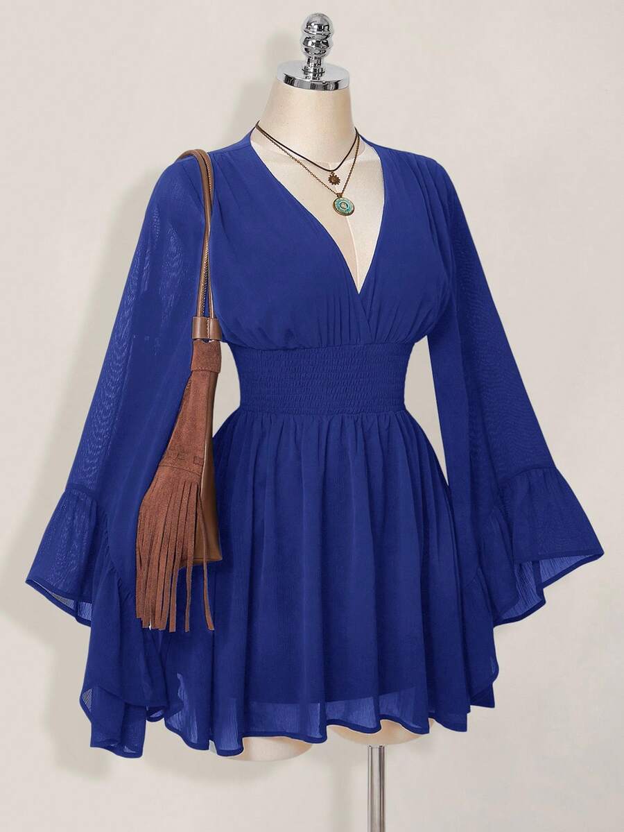 SHEIN ICON 女士纯色褶皱喇叭袖收腰休闲迷你连衣裙 - 藍色 - 查看 1