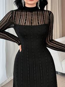 Feyla Vestido de encaje de unicolor elegante para talla grande para ir al trabajo - Negro - Ver 3