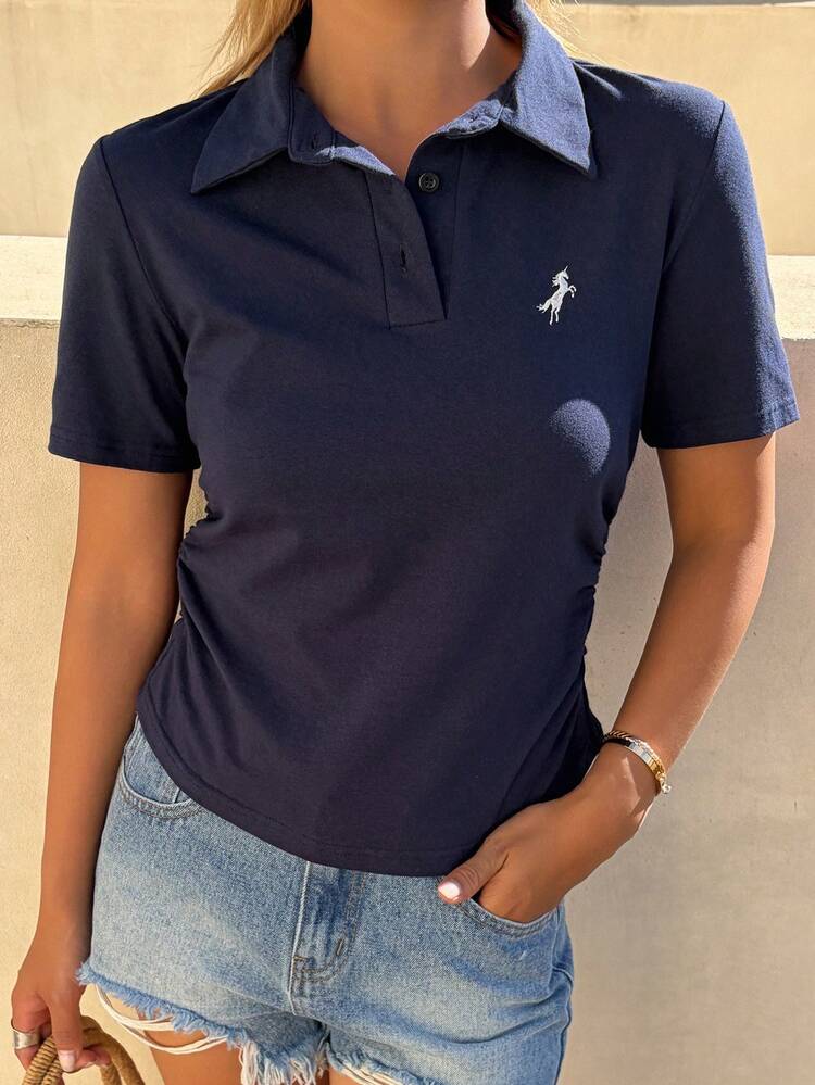 Women's Polo Collar Button Half Placket Unicorn Embroidery Casual Versatile Daily Wear Short Sleeve T-Shirt