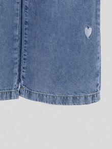 SHEIN 少女Y2K风格牛仔裤，心形刺绣，宽松阔腿，面料柔软舒适，适合日常穿着、上学、通勤。 - 深色水洗藍 - 查看 5