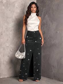 SHEIN BAE Women's Rhinestone Embellished Pocket Long Denim Skirt Party Luxury Diamond Sparkling Pearl - Black - View 5