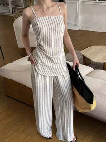 Livesso Ensemble Top sans manches style bohème rayé et pantalon droit ample, style décontracté chic pour le printemps et l'été. Tenue élégante pour les vacances, la plage et les déplacements. Ensemble de détente pour femmes. - Beige - Voir 2