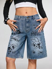 THE POWERPUFF GIRLS X SHEIN Quần jeans ống rộng lửng in hình hoạt hình phong cách thường ngày dành cho nữ, thích hợp cho mùa hè. - Màu xanh lam - Xem 5