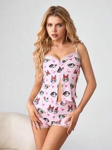 THE POWERPUFF GIRLS X SHEIN Women's Cartoon Print Spaghetti Strap Shorts Pajama Set - Pink - View 4