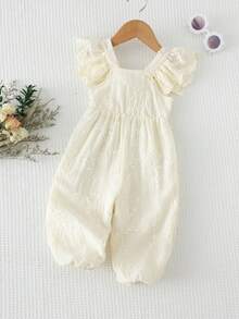 Cozy Pixies 女婴圆领荷叶边无袖收腰连体衣，百搭舒适 - 杏色 - 查看 2