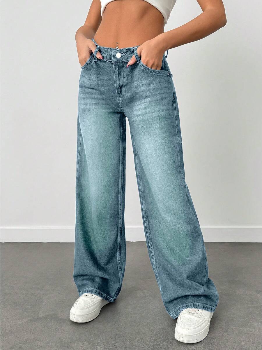 EURMUSE 100% Cotton LOW RISE WIDELEG CUT VINTAGE WASH Y2K STYLE JEAN - Teal Blue - View 1