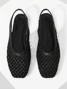 Mnmlis Women's New Fashion Woven Hollow Slip-On Flat Square Toe Loafers - Black - View 1