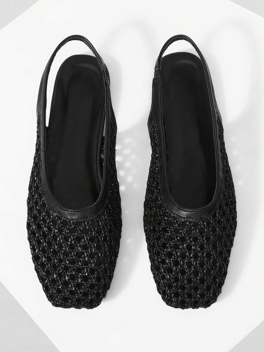 Mnmlis Women's New Fashion Woven Hollow Slip-On Flat Square Toe Loafers - Black - View 1