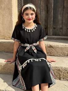 Tween Girls' Vacation Casual Geometric Print Patchwork Fringe Decor Dress - Black - View 2