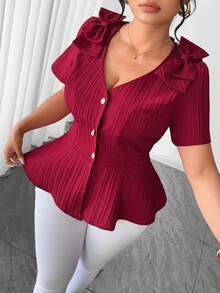 Elenzga Plus Size Women's New V-Neck Bow Design Button Front Solid Color Woven Fabric Elegant Refined Young Versatile Fitted Short Sleeve Blouse - Burgundy - View 3