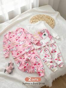 Cozy Pixies 4pcs Baby Girl Snug Fit Pajama Set - Heart Pattern Knit Soft Crew Neck Long Sleeve Top & Elastic Waist Long Pants - Pink - View 1