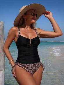 Swim Lushoire Women's Spring/Summer Leopard Print Random Pattern Thick Strap Metal Decor Drawstring Ruched Camisole Bikini Top Tankini Bathing Suits For Women Leopard Swimwear Women - Multicolor - View 6