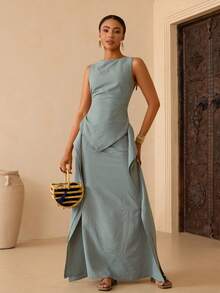 Vesra Conjunto de dos piezas sin mangas con cintura anudada para mujer - Gris - Ver 2