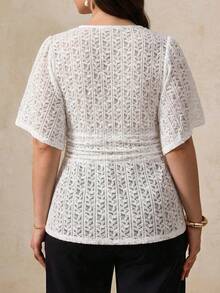 Elegantrix Women's Lace Blouse With Cross Collar And Ruffle Sleeves, French Casual Daily Top For Spring/Summer - White - View 2