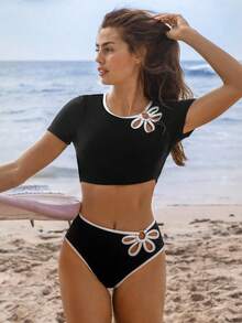 Swim SPRTY 女士沙滩套装，3D花瓣设计，黑白撞色，时尚休闲优雅简约运动冲浪泳裤 - 黑與白 - 查看 3