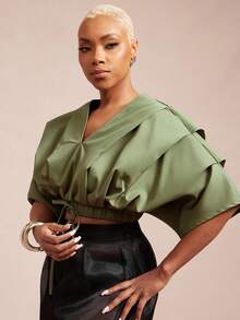 Vixey Solid Woven Pleated Structured Sleeve Drawstring Waist Top - Army Green - View 2