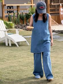 DAZY Bộ đồ denim thời trang cho bé gái tuổi teen, gồm váy không tay và quần ống rộng. - Màu xanh lam - Xem 5
