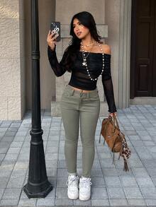 SHEIN PETITE Women's Solid Color Fitted Casual Jeans With Belt Loops, Versatile For Daily Wear ,Petite Women - Army Green - View 12