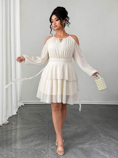 SHEIN PETITE CURVE 大码女式早春杏色简约通勤荷叶边露肩迷你连衣裙