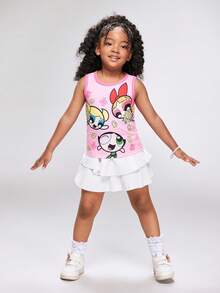 THE POWERPUFF GIRLS X SHEIN Young Girl Cartoon Print Round Neck Short Sleeve Top And Mini Skirt Casual Loungewear Set - Pink - View 5
