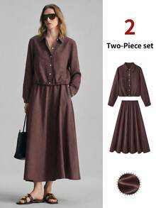 Ontre 2026春夏新款女士梭织面料情人节及婚礼季简约优雅办公衬衫半裙两件套 - 咖啡棕 - 查看 1