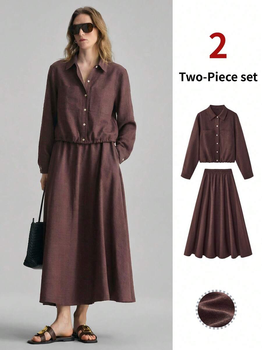 Ontre 2026春夏新款女士梭织面料情人节及婚礼季简约优雅办公衬衫半裙两件套 - 咖啡棕 - 查看 1