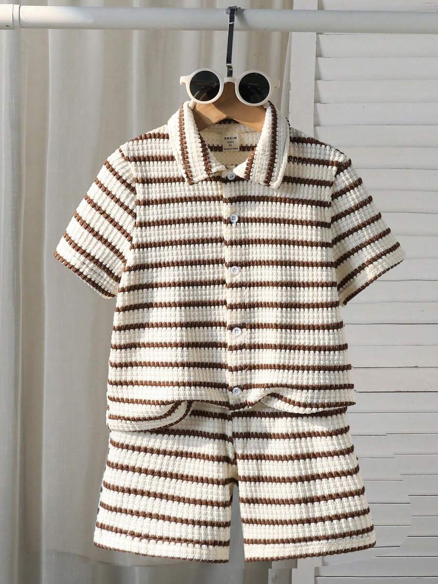 SHEIN 2pcs Young BoyTextured Stripe Knit Shirt And Shorts Set - Coffee Brown - View 1