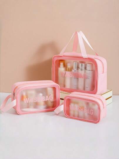 1个透明大容量沐浴包，PU防水便携式洗漱包，女士手提旅行收纳包，粉色