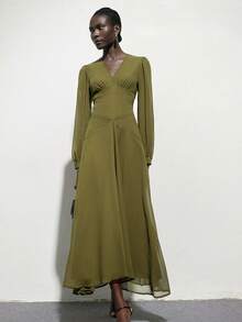 Aveloria Modichic Elegant Olive Green Chiffon Dress For Women,V-Neck Long Puff Sleeve Silk Dress, Retro Style For Autumn Tea Party,Office,Commute & Gatherings - Army Green - View 5