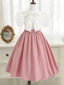 Conjunto de blusa de manga corta abullonada con bordado floral 3D y patchwork & falda elegante casual para niña preadolescente - Rosa - Ver 2