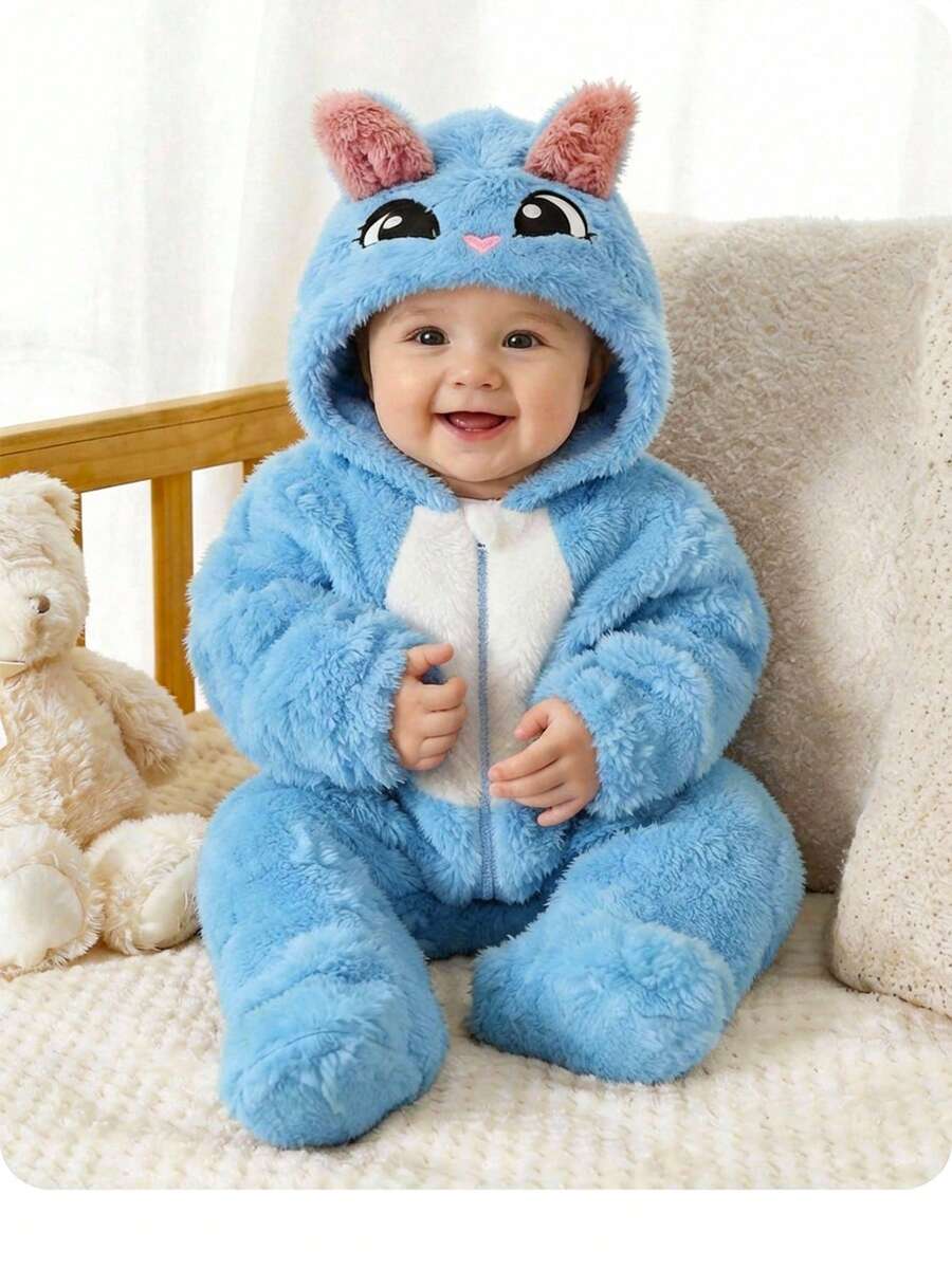 新生儿可爱卡通刺绣3D护耳拉链抓绒连体衣，秋冬季 - 藍色 - 查看 1