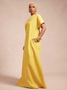 Vixey 落肩袖深V领露背长款梭织连衣裙 - 黃色 - 查看 5