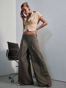 Hauture Women's Fashionable Solid Color Mid-Rise Wide Leg Pants, Old Money Aesthetic, Autumn Office Work Outfits, Elegant, Brunch Olive Green - Dark Grey - View 3