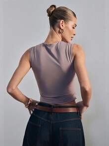 Hauture Áo tank top nữ co giãn, có dây rút, khoét cổ, kiểu dáng gợi cảm công sở. - Bụi tím - Xem 6