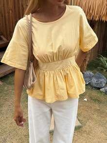 Livesso Áo kiểu nữ cổ tròn, hở lưng, màu vàng thắt nơ - Màu vàng - Xem 5
