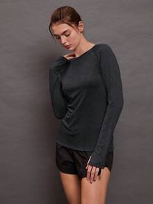 Activina 女士休闲百搭插肩袖运动T恤长袖运动服健身上衣套装女士无缝衬衫健身衬衫 - 灰色 - 查看 4