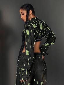 Jeanoix Women's Turndown Collar Frayed Hem Fashionable Versatile Date Casual Long Sleeve Denim Jacket - Green - View 2