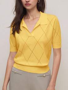 BizChic Suéter de mujer de malla de diamante con cuello polo amarillo, hecho de hilo sedoso antipelusas, adecuado para múltiples ocasiones: oficina, formal, elegante, urbano, casual, romántico, Y2K, retro de los 90, fiesta, graduación, invitado de boda, dama de honor, anfitriona, salida, social, cita, fiesta, concierto, ceremonia de graduación, brunch, aeropuerto - Amarillo - Ver 6