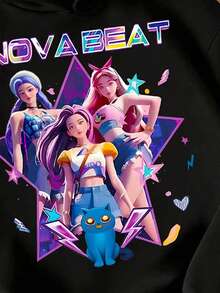 Sparklyn 1件少女2025趣味女孩[上衣]KPOP风格图案卫衣，粉色卡通人物印花卫衣，韩流粉丝礼物，时尚女童服装，儿童，姐妹装，适合假日、派对和日常穿着，秋冬季 - 黑色 - 查看 3